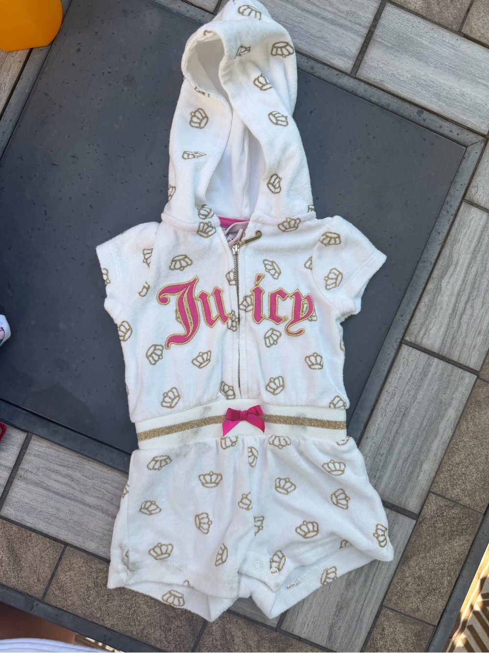 Vintage Juicy Couture White Hooded Terry Romper with Gold Crown Print